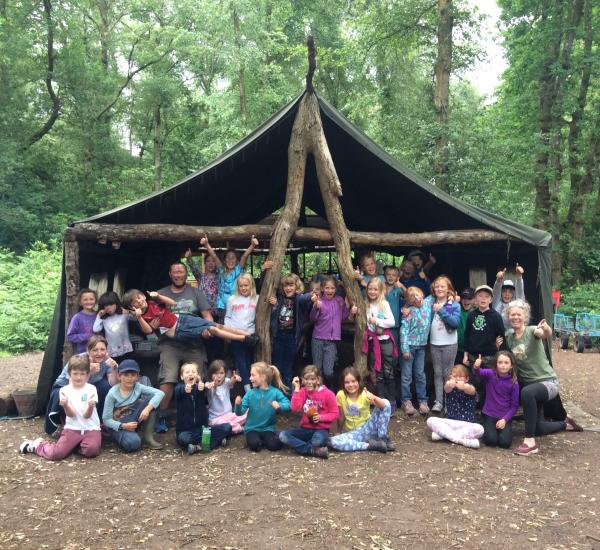 School children in the woods