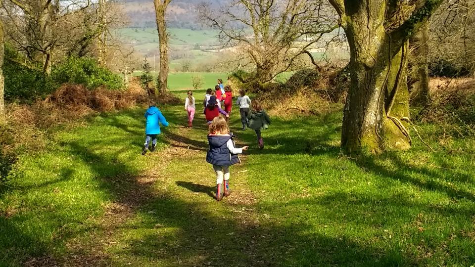 Children running off into the woods to explore